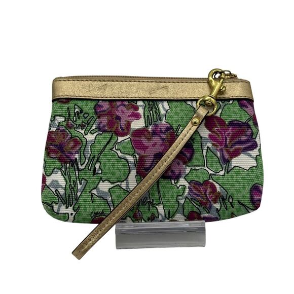 RETAIL $128 Coach Ltd. Edition Ashley Iris Floral Gold Leather & Canvas Wristlet - Picture 2 of 8